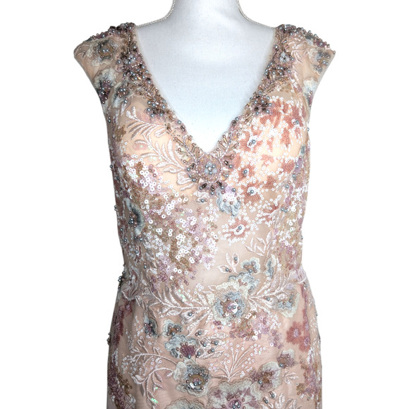 Terani Couture Blush Floral Embroidered Gown V-Neck Sequins Size 10 - Picture 12 of 16